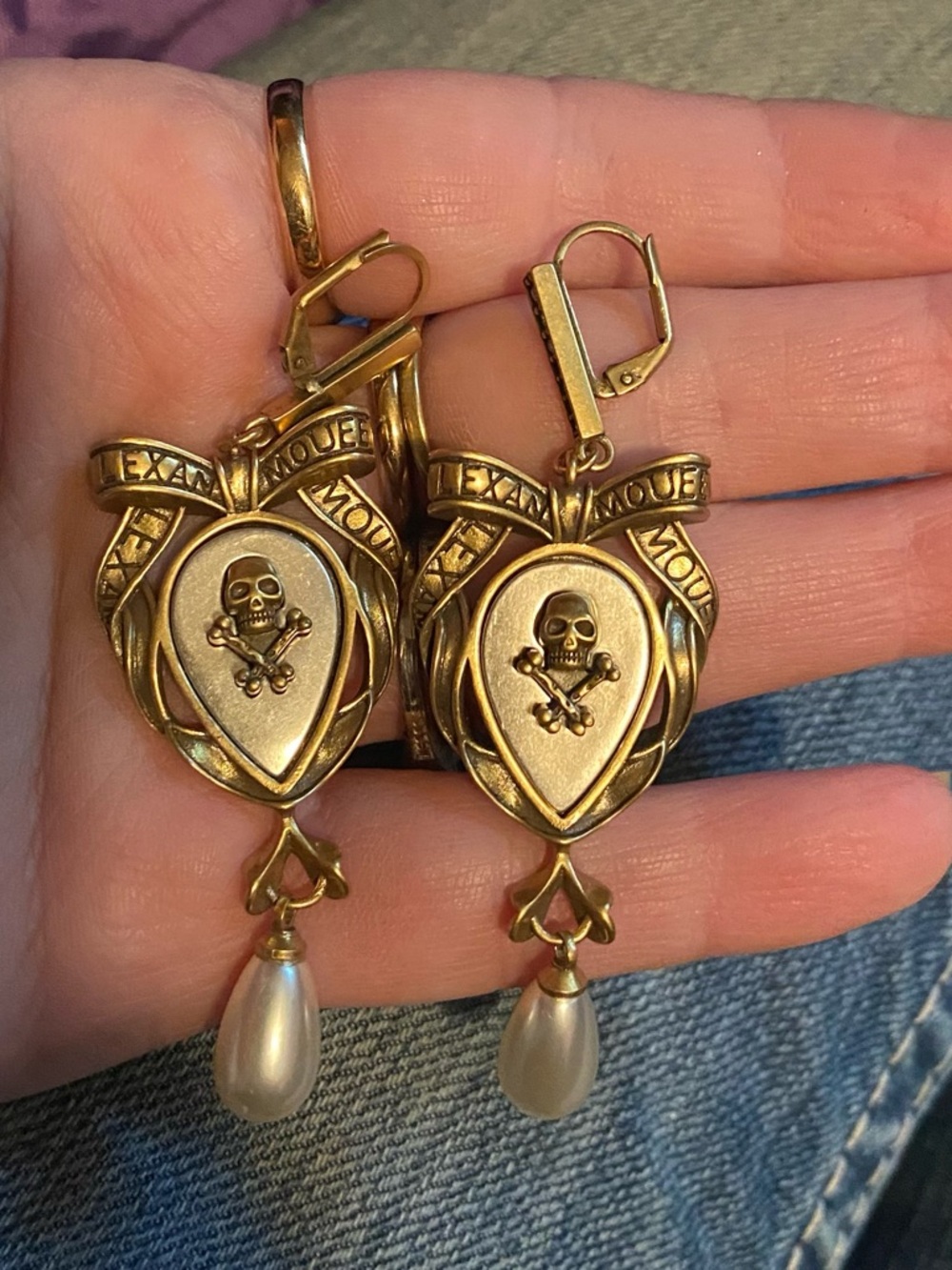 Alexander McQueen Gold Skull & Pearl Drop Heart Earrings